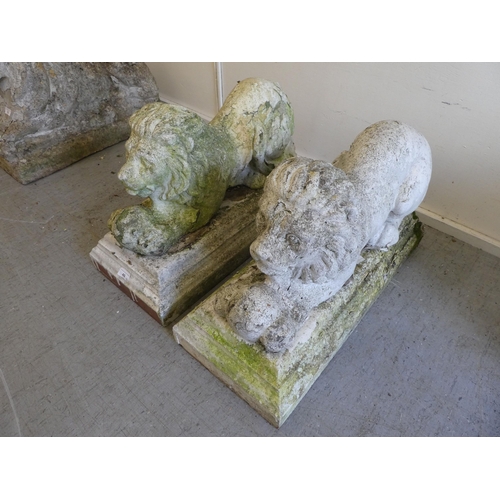 40 - A pair of composition stone garden statues, recumbent lions  17