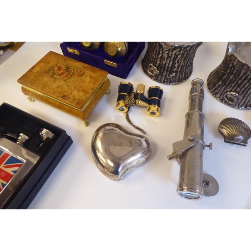 56 - A mixed lot: to include a jewellery box; a hip flask; and a pair of opera glasses