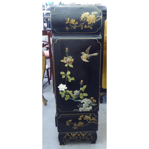 57 - A modern Chinese black lacquered, painted and hardstone inlaid Chinese cabinet, decorated with birds... 