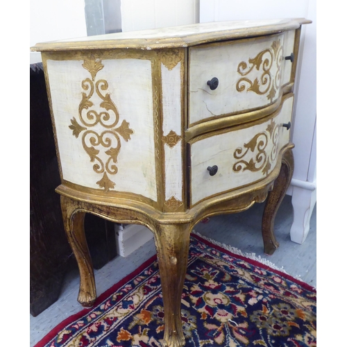 60 - A modern gilt and cream painted, serpentine front, two drawer bedside chest, raised on cabriole legs... 