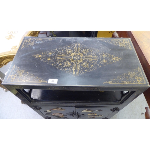 62 - A modern Chinese black lacquered, painted and hardstone inlaid cabinet  comprising an open shelf, ov... 