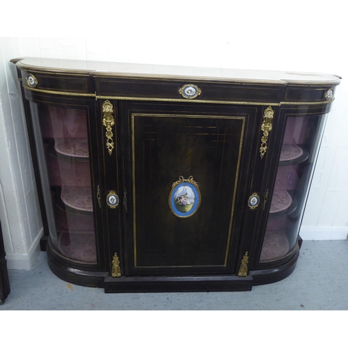 65 - A late Victorian satinwood inlaid, mahogany credenza style cabinet with a central panel door, decora... 