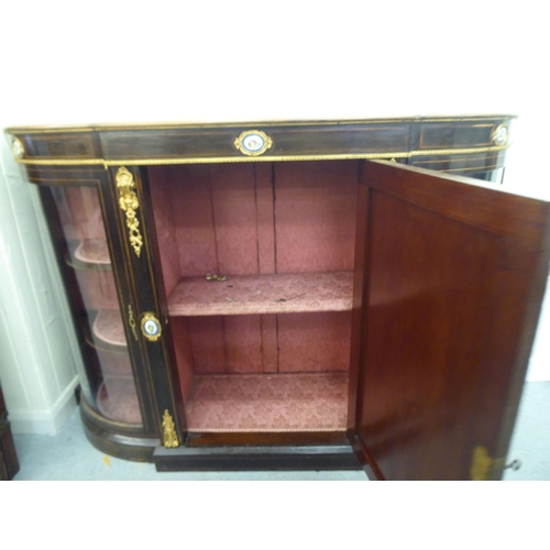 65 - A late Victorian satinwood inlaid, mahogany credenza style cabinet with a central panel door, decora... 