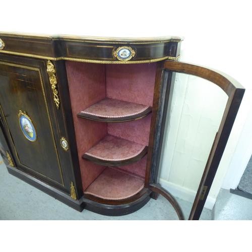 65 - A late Victorian satinwood inlaid, mahogany credenza style cabinet with a central panel door, decora... 