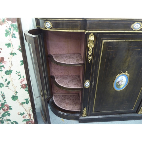 65 - A late Victorian satinwood inlaid, mahogany credenza style cabinet with a central panel door, decora... 