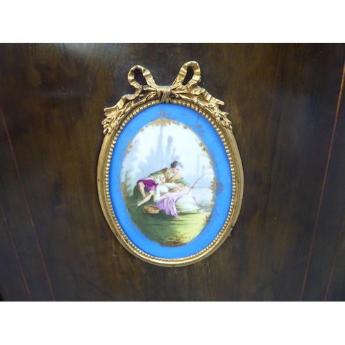 65 - A late Victorian satinwood inlaid, mahogany credenza style cabinet with a central panel door, decora... 