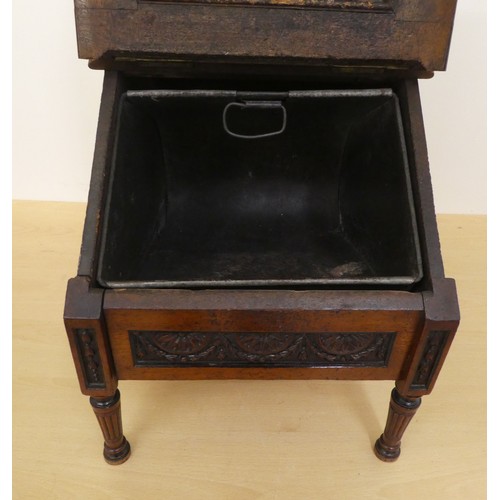 98 - An Edwardian mahogany purdonium of angular form with brass mounts and a carved, panelled, hinged lid... 