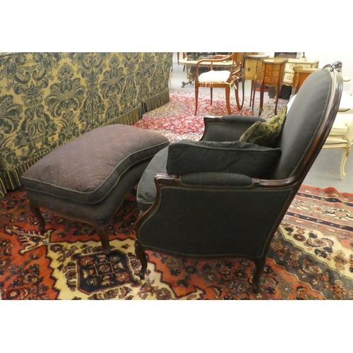 110 - A modern Louis XV design mahogany framed salon chair, upholstered in a black floral fabric, raised o... 