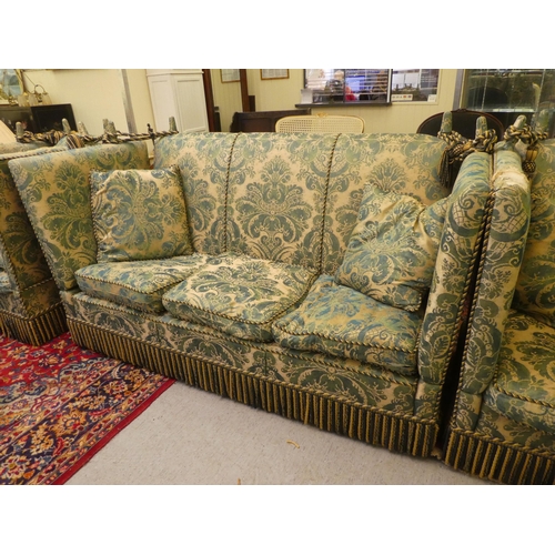 16 - A modern Liberty green and beige floral fabric upholstered drop-end settee; and a pair of matching c... 