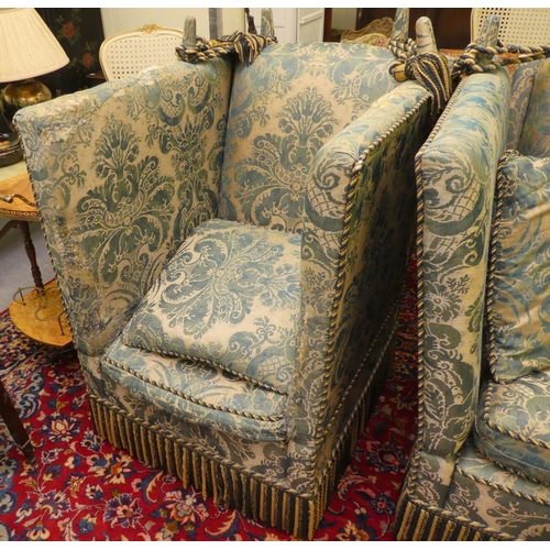 16 - A modern Liberty green and beige floral fabric upholstered drop-end settee; and a pair of matching c... 