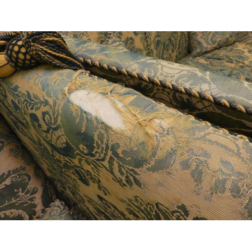 16 - A modern Liberty green and beige floral fabric upholstered drop-end settee; and a pair of matching c... 