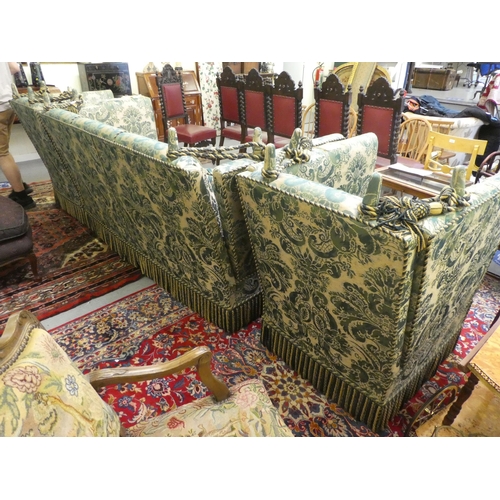 16 - A modern Liberty green and beige floral fabric upholstered drop-end settee; and a pair of matching c... 