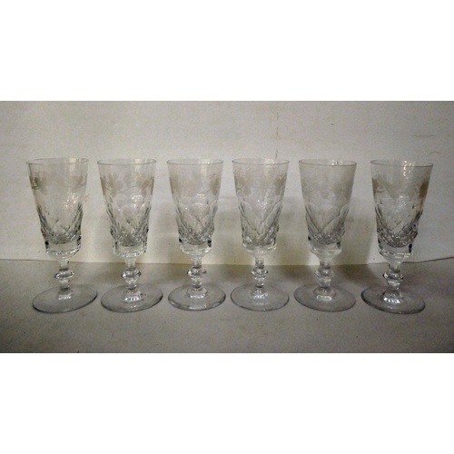 133 - Glassware: to include a set of eight Stuart Crystal pedestal wine glasses, etched with fruiting vine