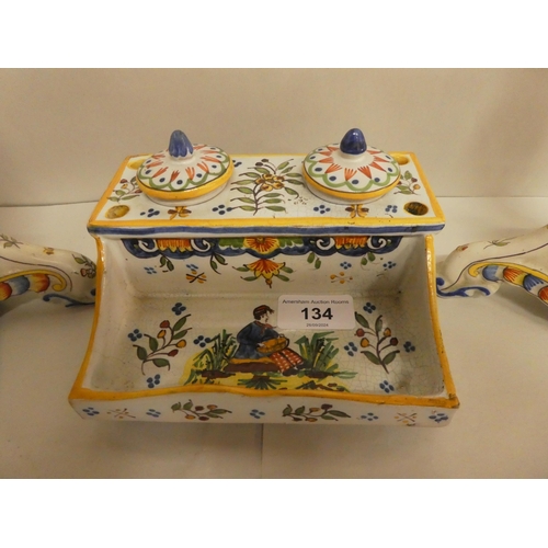 134 - Ceramics: to include a French faience inkstand, decorated with figures and flowers  5.5