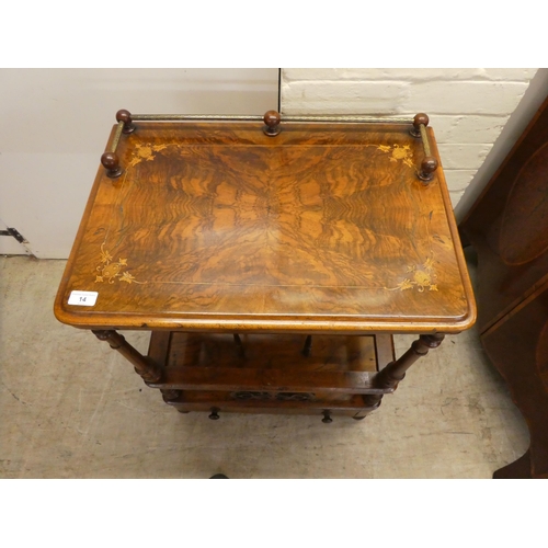 14 - A late Victorian walnut side table/Canterbury, over a base drawer, on turned feet  31