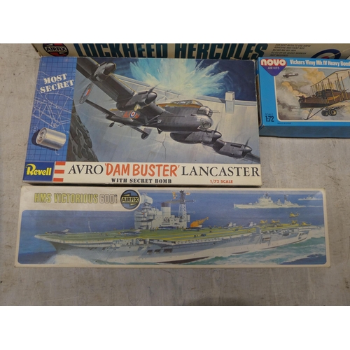 15 - Model kits, various scales and sizes: to include by Airfix,  'HMS Victorious'; and an 'Avro Dam... 