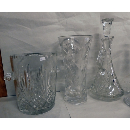 162 - Glassware: to include a lead crystal, thistle design decanter with a silver collar  marks indis... 