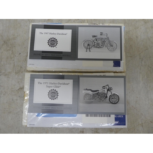 173 - Six Franklin Mint diecast model motorcycles: to include 'The 1907 Harley Davidson'; and a '1976 Harl... 