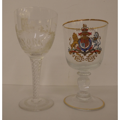 174 - Commemorative glass goblets: to include an example engraved with a scene of York cathedral  7