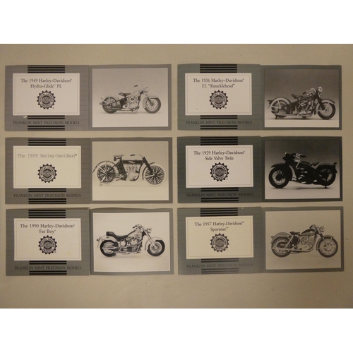 188 - Six Franklin Mint diecast model motorcycles: to include the '1909 Harley Davidson'; and the '1929 Ha... 