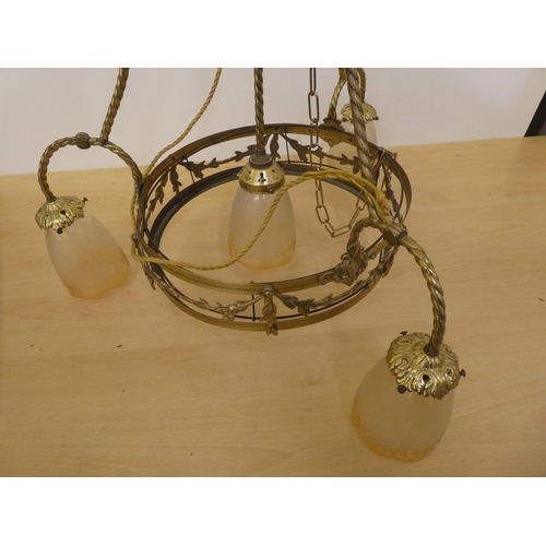 206 - An early 20thC gilded brass, Continental inspired, ropetwist design hanging centre light with four p... 