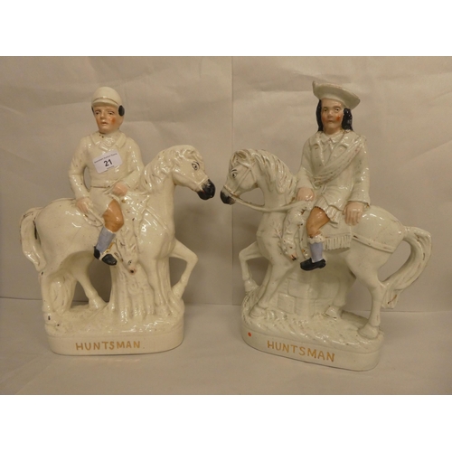 21 - 19thC and later Staffordshire figures and groups: to include two Huntsman figures  14