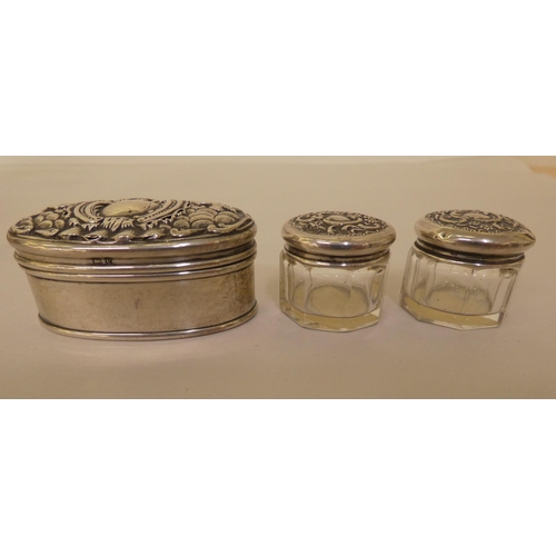 308 - Silver capped and glass dressing table accessories: to include a ring box and pin jar  mixed ma... 