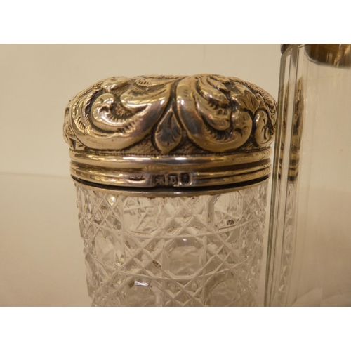 308 - Silver capped and glass dressing table accessories: to include a ring box and pin jar  mixed ma... 