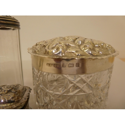 308 - Silver capped and glass dressing table accessories: to include a ring box and pin jar  mixed ma... 