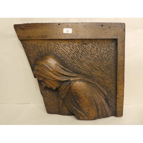 32 - A late 19thC carved oak, quarter section of a panel, decorated with a profile portrait of a woman&nb... 