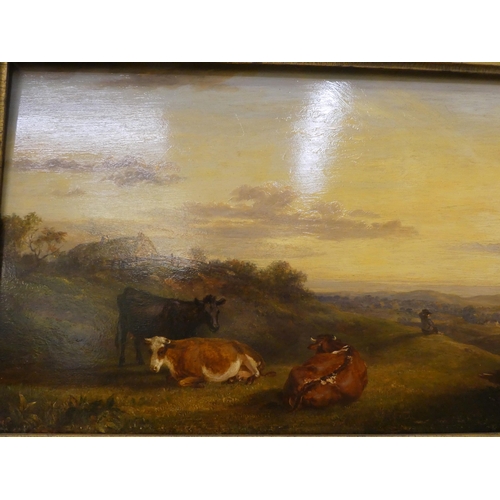 52 - Late 19thC British School - cattle on a hillside with a farm and mountains beyond  oil on panel... 