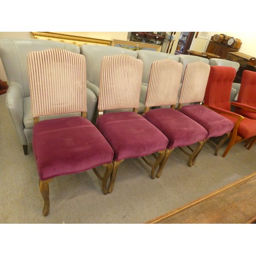 248 - A set of four limed, washed oak framed and two pink fabric patterned upholstered dining chairs, rais... 