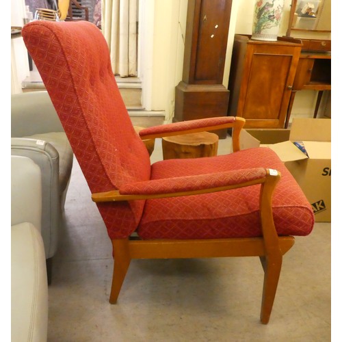 240 - A pair of modern beech framed and red diamond pattern fabric upholstered open armchairs, raised on t... 