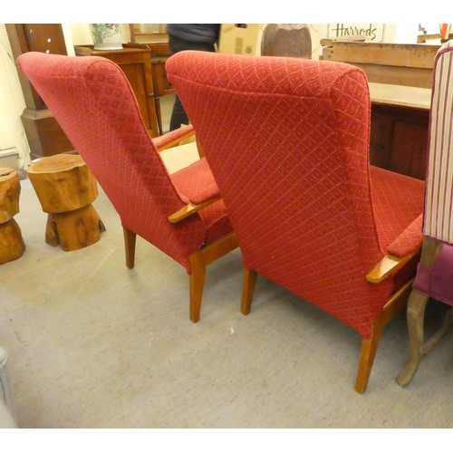 240 - A pair of modern beech framed and red diamond pattern fabric upholstered open armchairs, raised on t... 