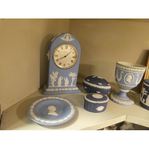 163 - Wedgwood jasper stoneware collectables: to include a mantel clock, faced by a Roman dial  8