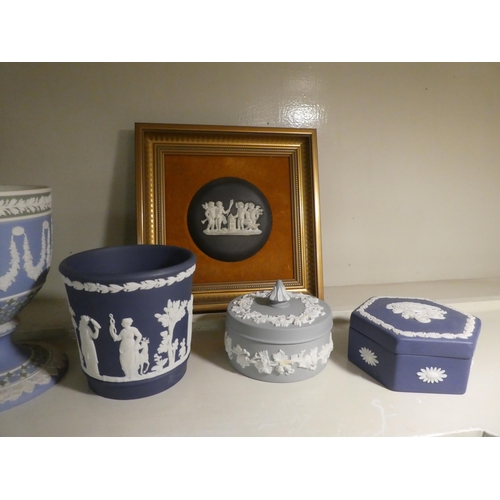 163 - Wedgwood jasper stoneware collectables: to include a mantel clock, faced by a Roman dial  8