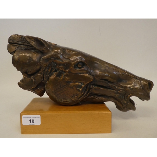 10 - A gilded metal, bronze finished sculpture, a horses' head, on a polished beech plinth  9