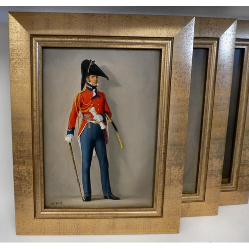 14 - John Berry - a series of four 19thC British military uniform studies  oil on canvas  beari... 