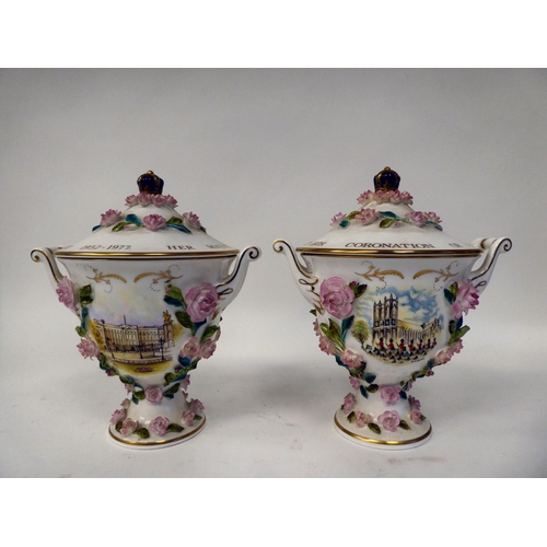 143 - A pair of Coalbrookdale by Coalport china, twin handled covered vases, produced to Celebrate Her Maj... 