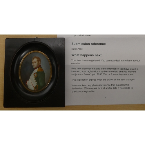 150 - An oval portrait miniature on ivory, depicting a half-length study of young Napoleon Bonaparte, wear... 