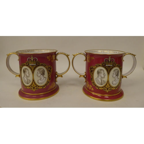 164 - Two Spode china twin handled loving cups, celebrating the Silver Wedding Anniversary of the Queen an... 