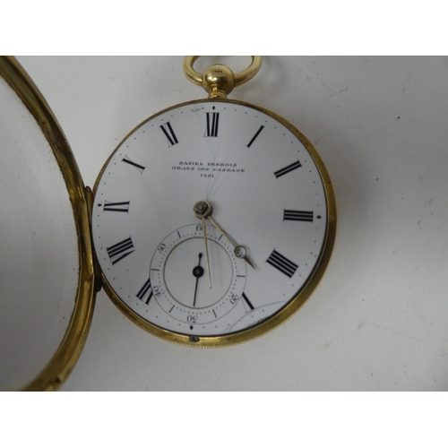 173 - An 18ct gold Daniel Desbois pocket watch; the movement faced by a Roman dial with subsidiary seconds... 