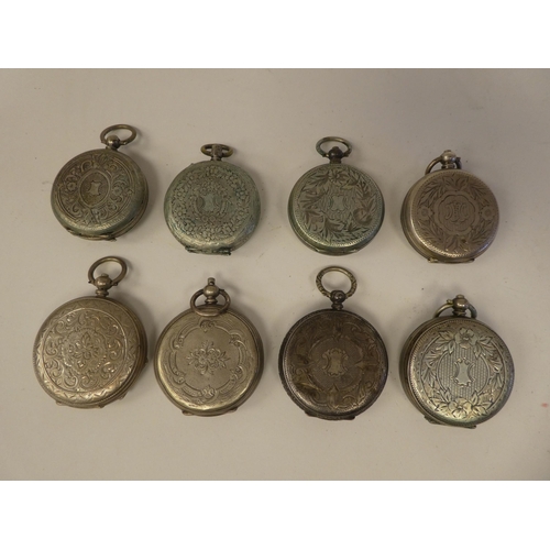 181 - Eight Victorian and later, silver and white metal cased fob watches, faced by mainly Roman dials&nbs... 