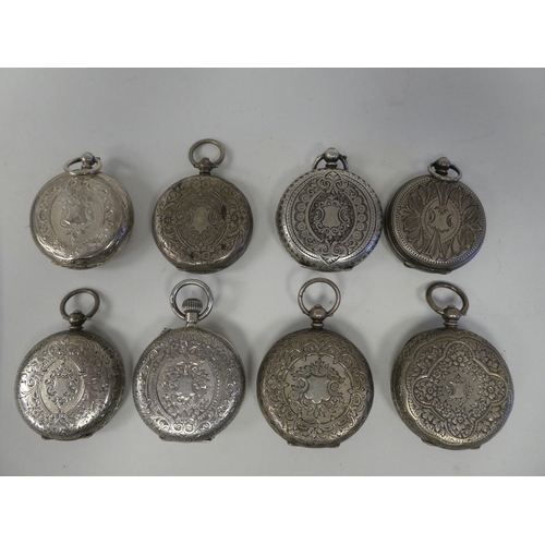 182 - Eight Victorian and later, silver and white metal cased fob watches, faced by mainly Roman dials&nbs... 