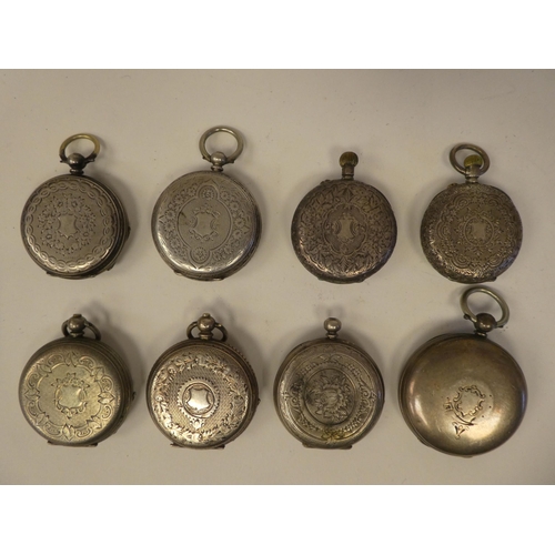 183 - Eight Victorian and later, silver and white metal cased fob watches, faced by mainly Roman dials&nbs... 