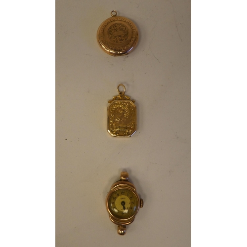 187 - Gold items of personal ornament, viz. three watches; and two dissimilar lockets  mixed carat ma... 