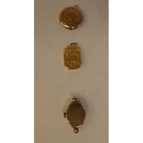 187 - Gold items of personal ornament, viz. three watches; and two dissimilar lockets  mixed carat ma... 