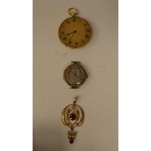 187 - Gold items of personal ornament, viz. three watches; and two dissimilar lockets  mixed carat ma... 