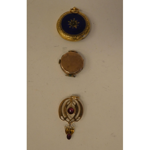 187 - Gold items of personal ornament, viz. three watches; and two dissimilar lockets  mixed carat ma... 