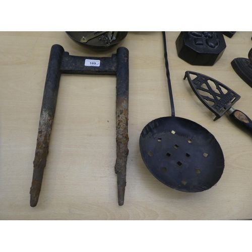 189 - Mainly 19thC metalware: to include flat irons